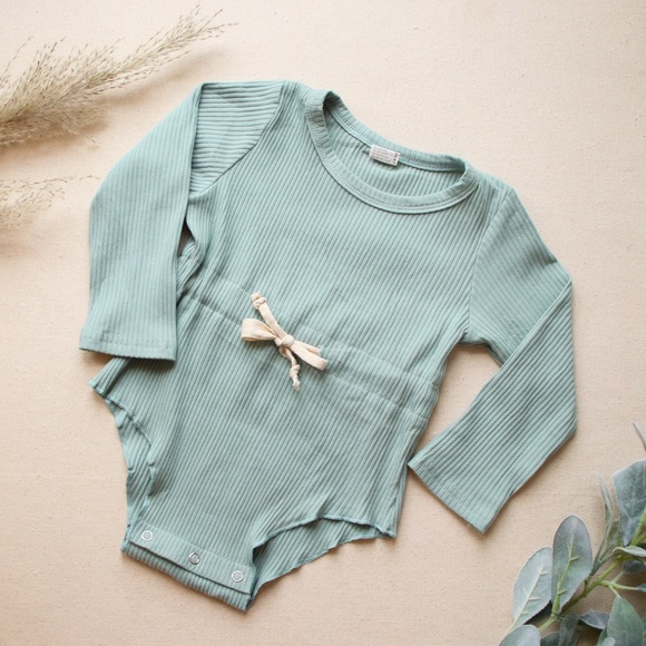 Long Sleeve Drawstring Sage Green Romper - Picture 8 of 11